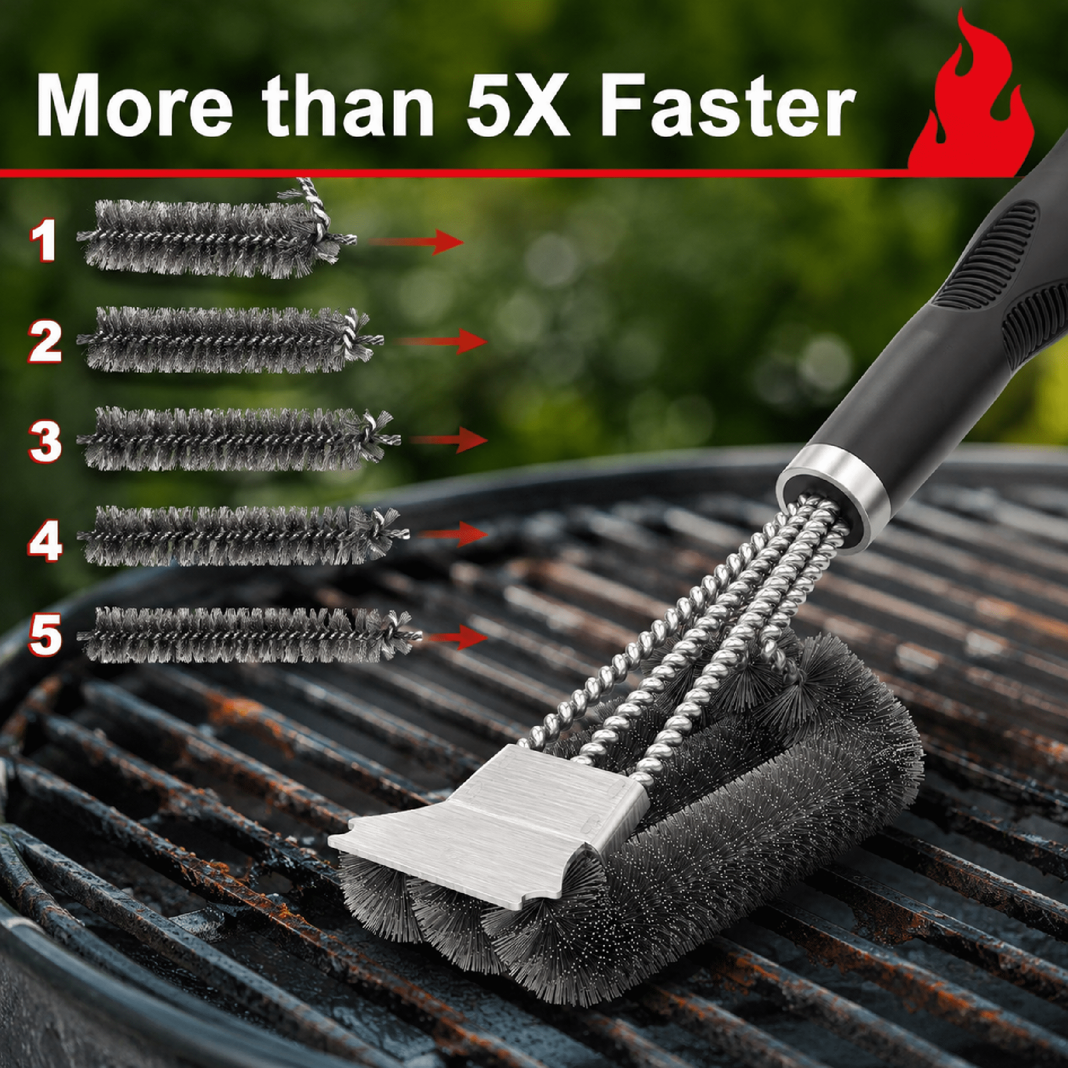 Grill Brush with Scraper, Triple Bristle BBQ Cleaner for Gas & Charcoal Grates
