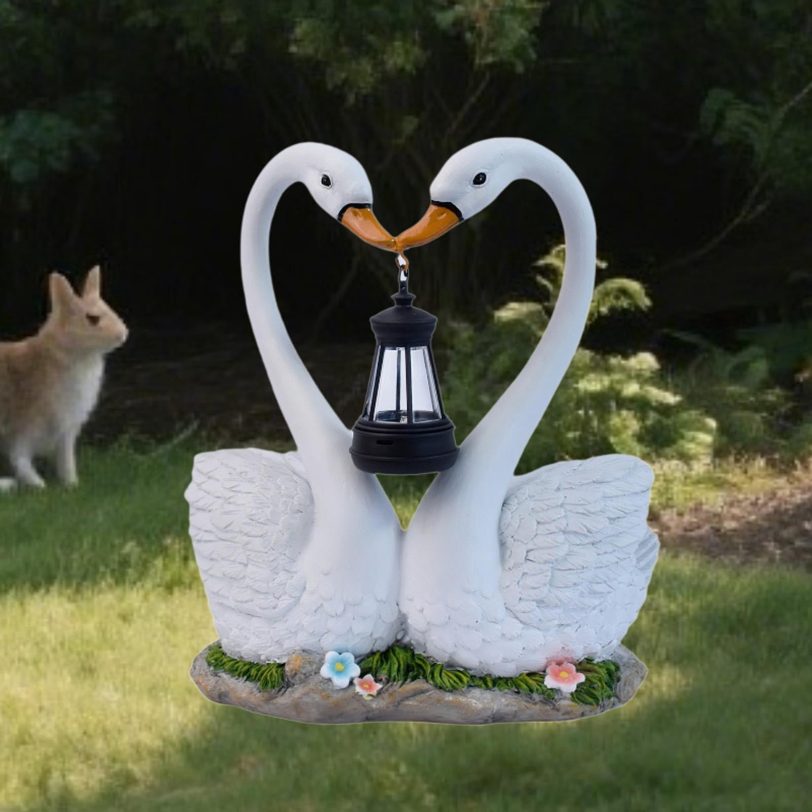 simhoa Swan Garden Statue Animal Figurine with Solar Lantern Gift Modern Garden Decor Resin Sculpture Ornament for Outside Courtyard