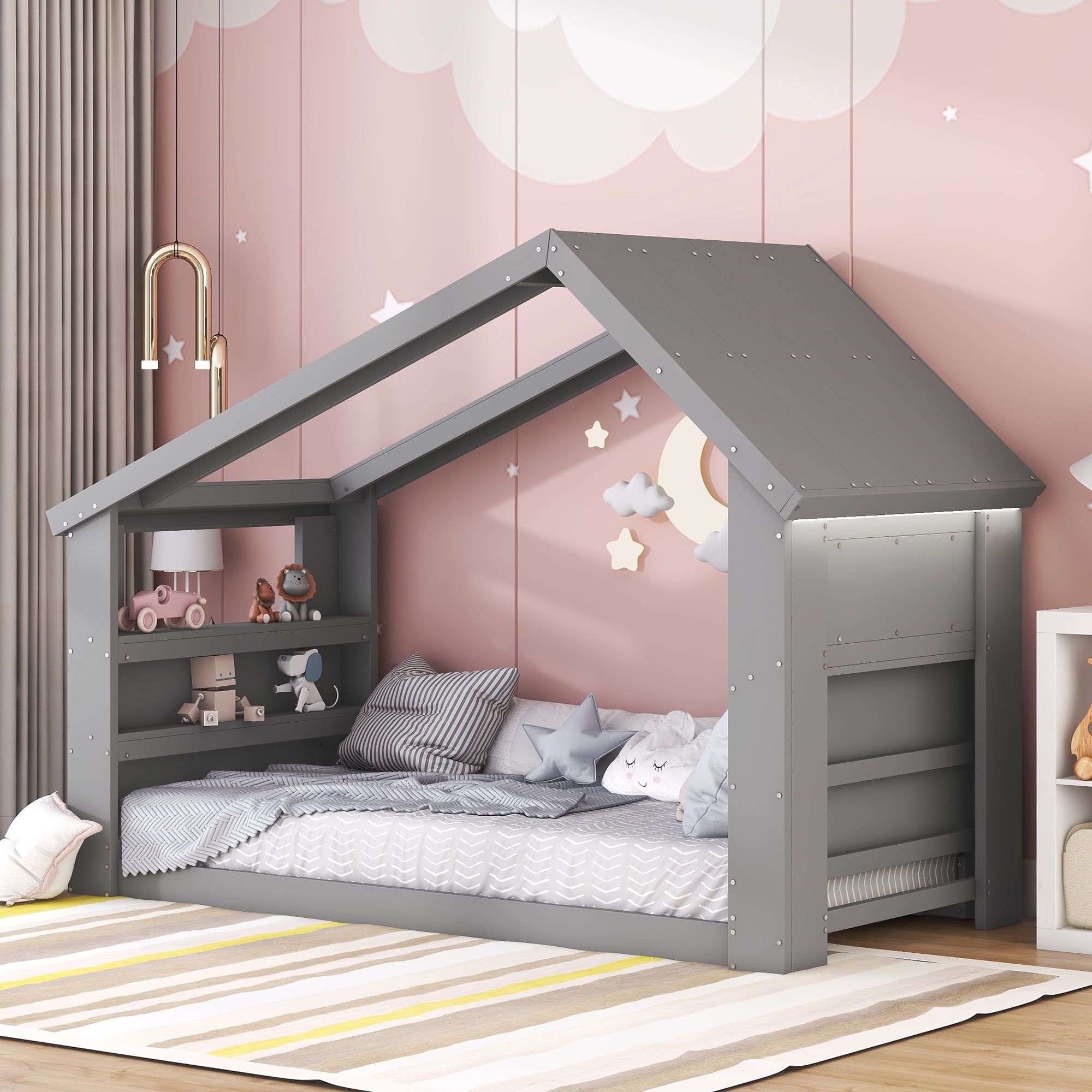 Bellemave House Bed for Kids, Wood Twin Size Montessori Bed with LED