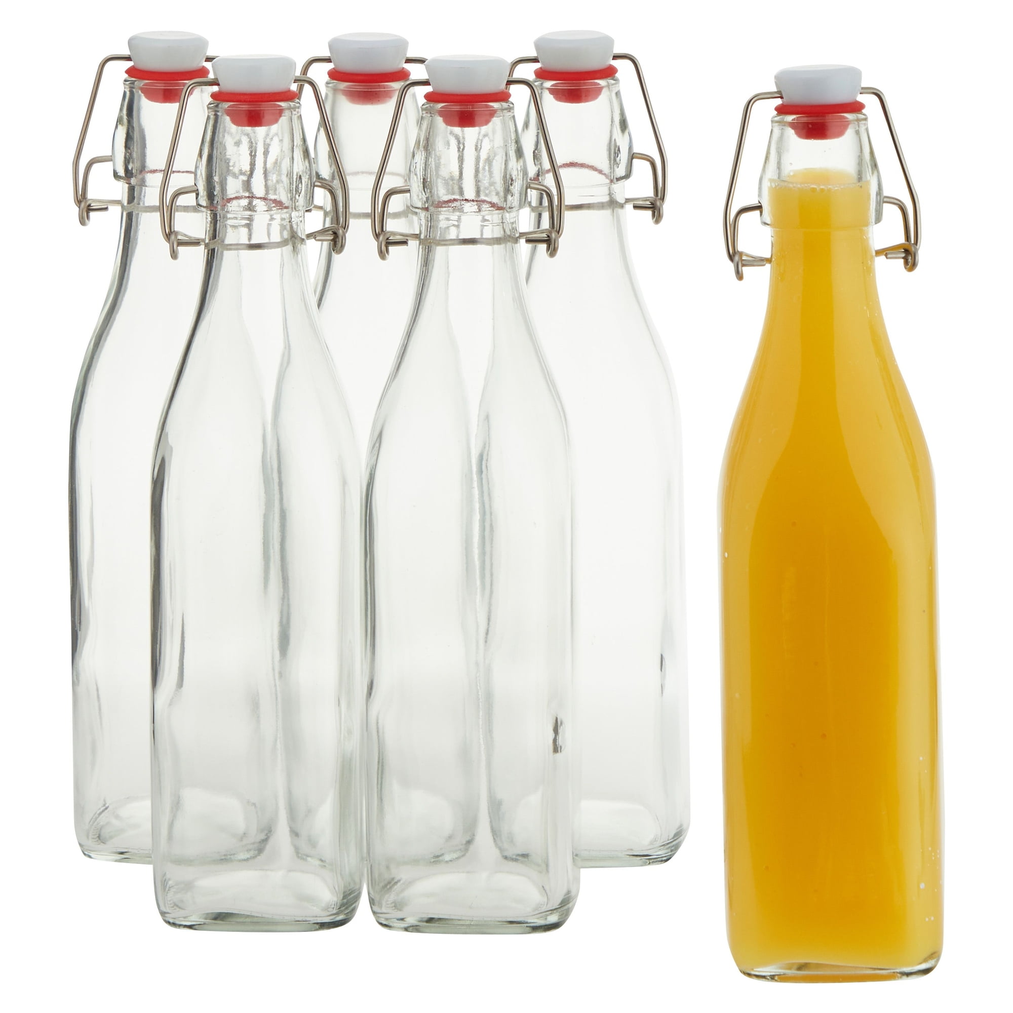 6 Pack 33 oz. Glass Bottles with Swing Top Stoppers, Bottle Brush, Fun