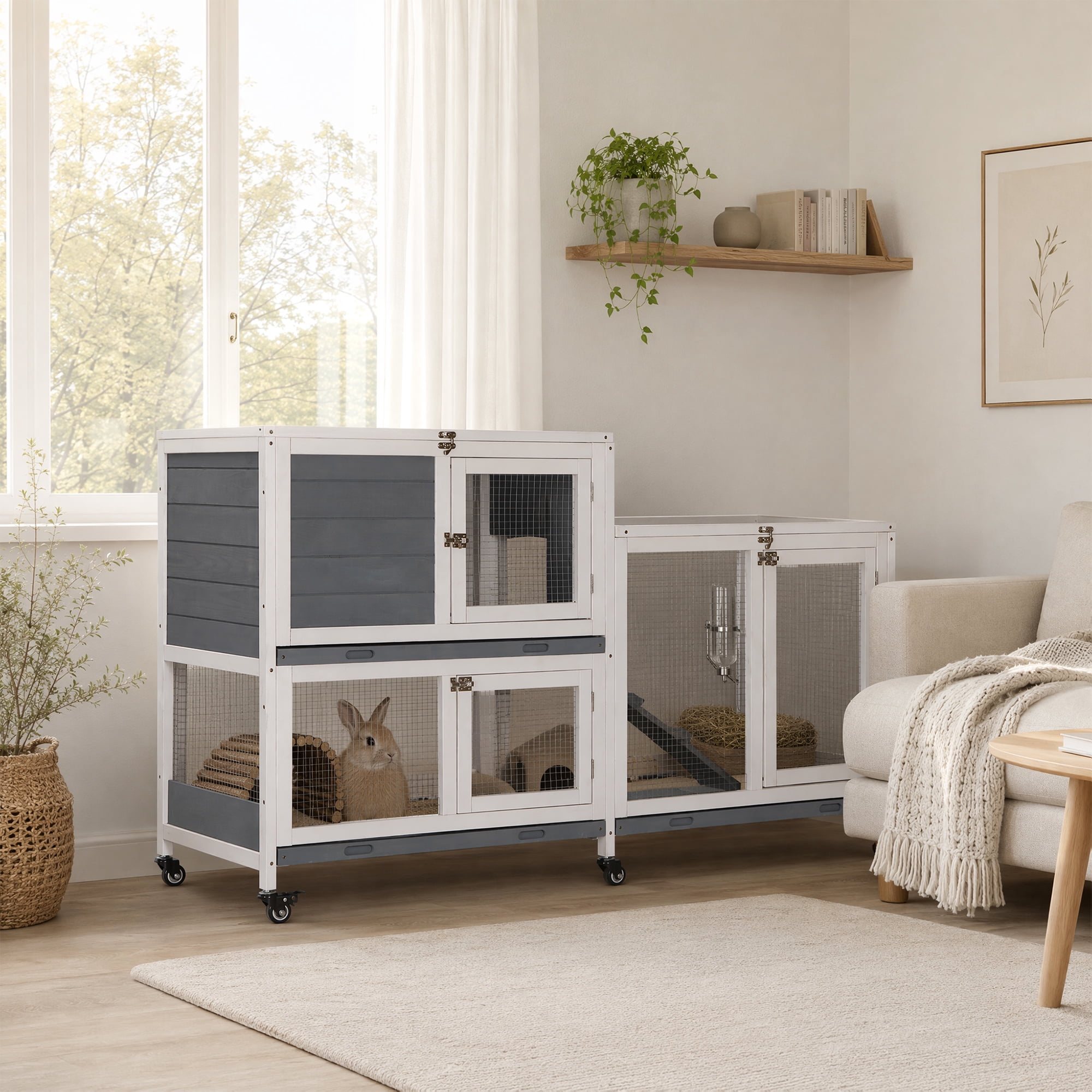 PawHut Wooden Rabbit Hutch Bunny Hutch Elevated Pet House Cage Small Animal Habitat with Tray Door Openable Top for Indoor 57.75" x 18" x 32.5" Gray