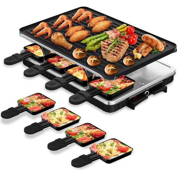 Electric Raclette Table Grill with 8 Warming Trays, 2-in-1 Korean BBQ Grill & Electric Griddle Nonstick, Adjustable Temperature Control,1300W, Great for Indoor Family Gatherings, Parties & Dining