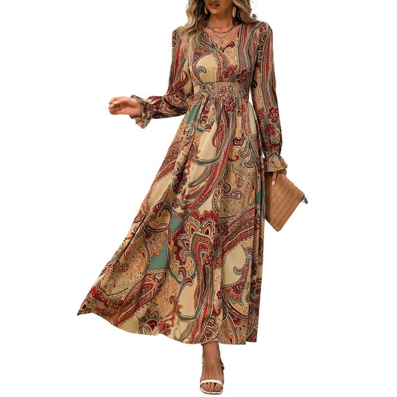 Women Floral Print V Neck A-Line Maxi Dress Long Sleeves Casual Wrap Autumn Beach Swing Light Brown S