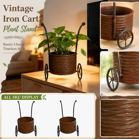Vintage Rustic Farmhouse Outdoor Decor, Outdoor Garden Planter, Yard Decorations Outdoor, Flower Cart, Decorative Metal Wheeled Wagon Planter Pot for Outdoor Patio, Porch and