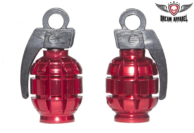 Two Metallic Red Grenades Tire Valve Stem Caps