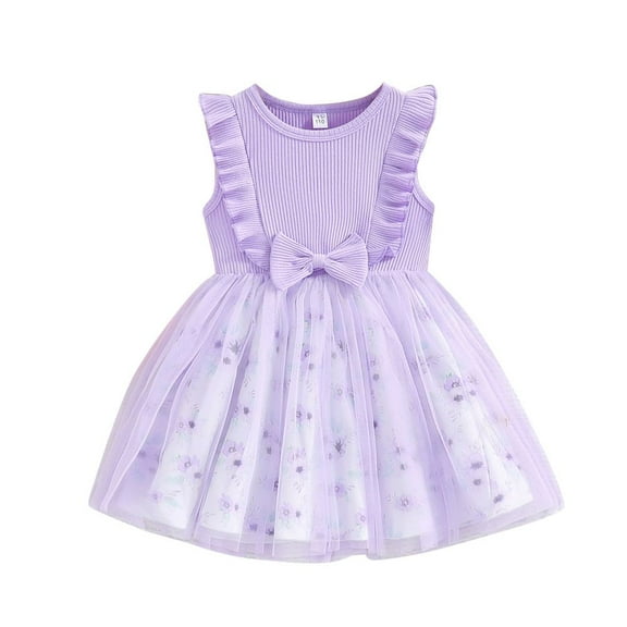 GYRATEDREAM Toddler Baby Girls Cute Tulle Tutu Dress Ribbed Ruffle Sleeveless Print Sundress Kids Birthday Party Holiday Princess Dress Spring Summer Clothes Purple for 12M-6T