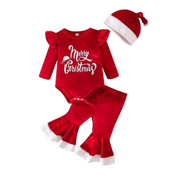 HCYSFG Boys Christmas Outfit Sets Graphic Print 3 Piece Crewneck Long Flutter Sleeve Clothing Sets Bodysuit Bell Bottom Pants And Hat Matching Sets