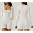 thumbnail image 5 of Knosfe New Solid Color High Waist Tight Sports Yoga Long Sleeve Jumpsuit Shorts Spant Slim Bodysuit For Women White S, 5 of 6