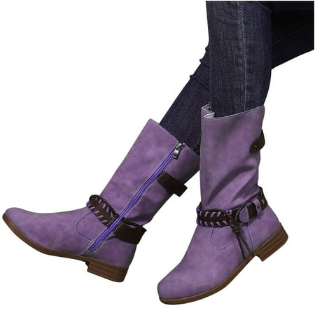 Boots for Women Clearance Deals! Verugu Western Cowboy Low Heel Comfort Bootie Combat Boots for Women  Women Shoes Retro Western Boots Casual Warm Low Heels Mid-calf Boots Purple 35