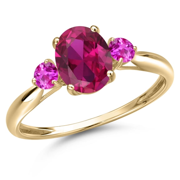 Gem Stone King 10K Yellow Gold Red Created Ruby and Pink Sapphire 3-Stone Ring for Women | 1.62 Cttw | Oval 8X6MM | Gemstone July Birthstone | Size 8