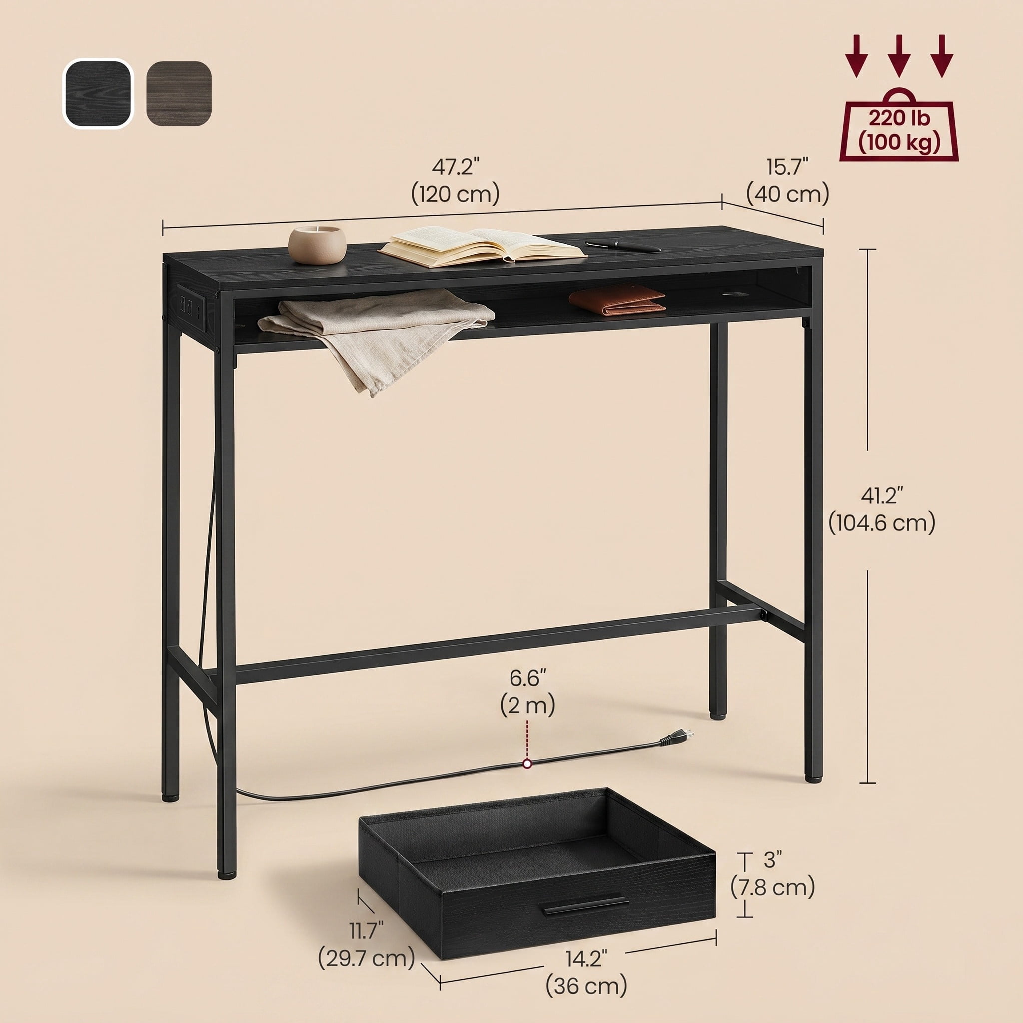 Nordic Hygge Bar Height Pub Table with Storage and Built-In Power Strip, Fabric Drawer, and Side Hooks
