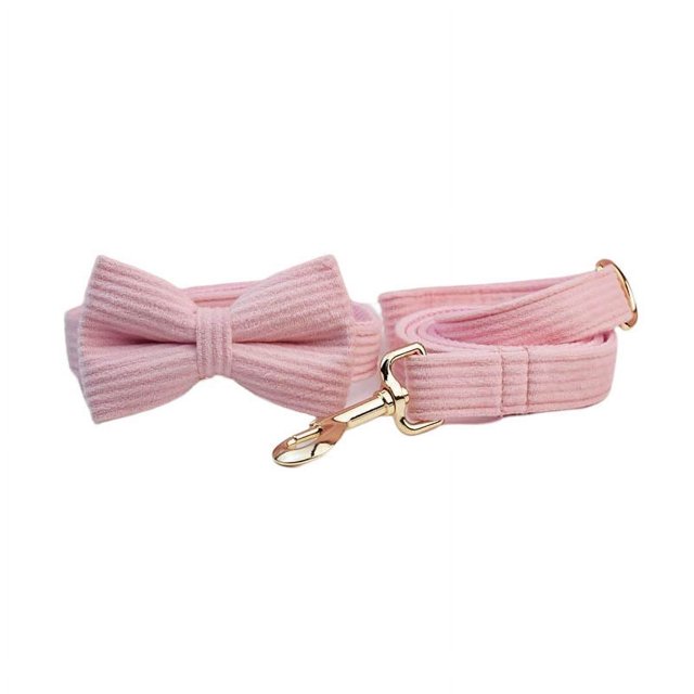 Pink Corduroy Dog Collar And Leash Set With Custom Engraved Nameplate