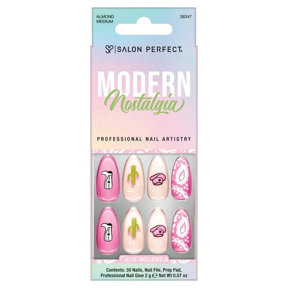 Salon Perfect Artificial Fake Press-ons, 339 Modern Nostalgia, Western Cowboy, Medium Almond, File and Glue Included, 30 Nails