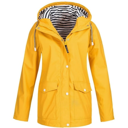 LoyisViDion Coat Women Solid Rain Jacket Outdoor Plus Size Waterproof Hooded Raincoat Windproof Yellow 8(S)