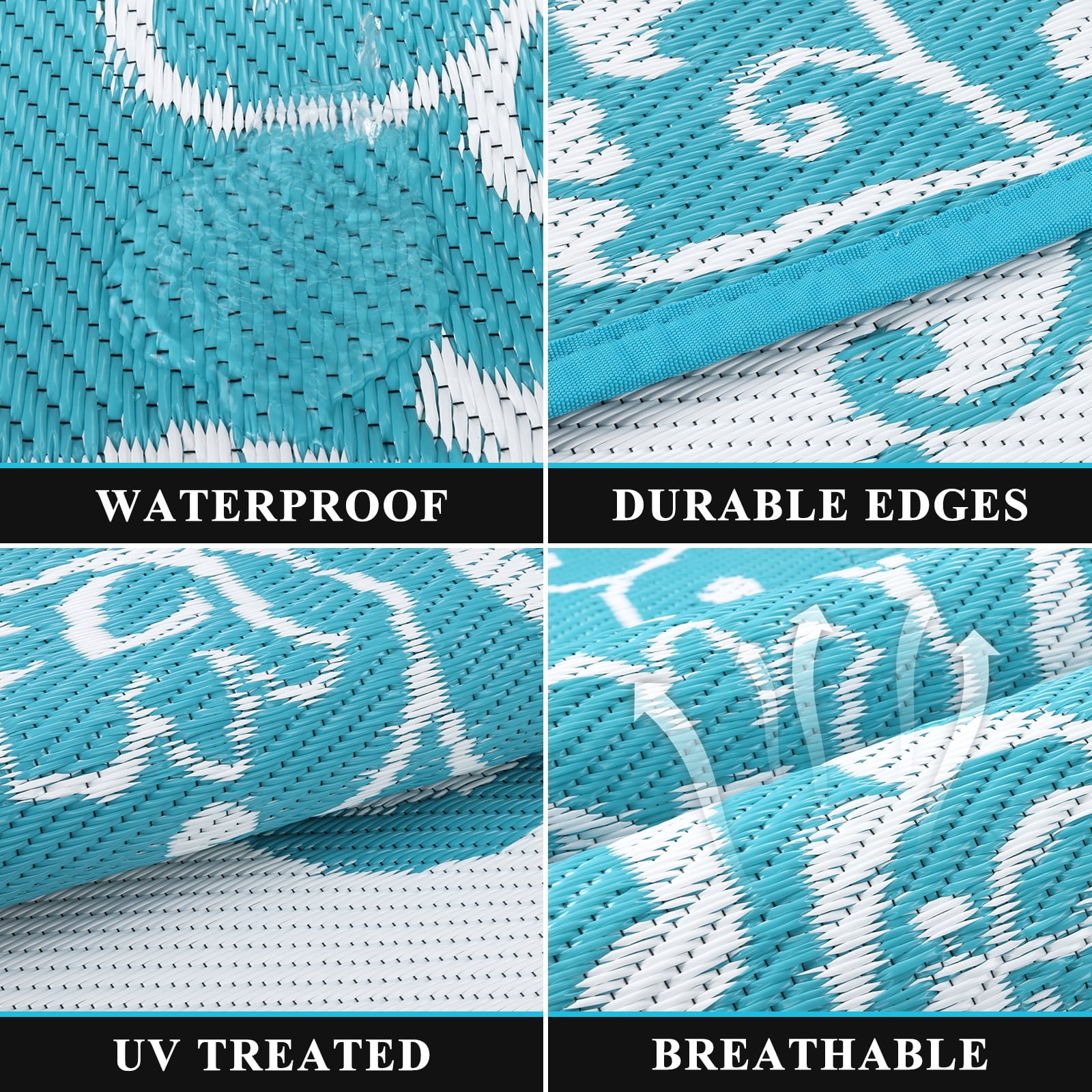 MeyJey 9'x12' Outdoor Rug, Patio Rug Waterproof RV Outdoor Rug Camping Rugs Reversible Plastic Mat for Camping, Balcony Apartment, Patio, Porch, Picnic, Beach, Teal