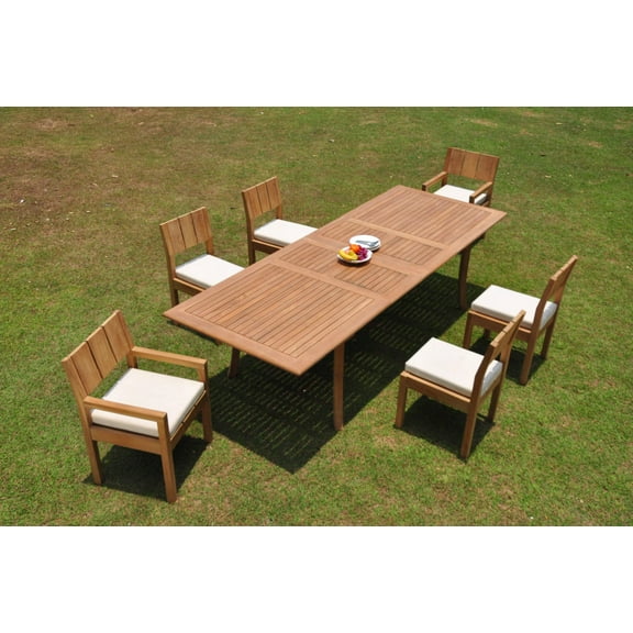Grade-A Teak Dining Set: 6 Seater 7 Pc: 118" Double Extension Rectangle Table And 6 Veranda Chairs (2 Arm & 4 Armless Chairs) WholesaleTeak #WMVR39