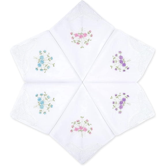 Cotton Handkerchiefs for Women Flower Embroidered with Lace 6 Pcs