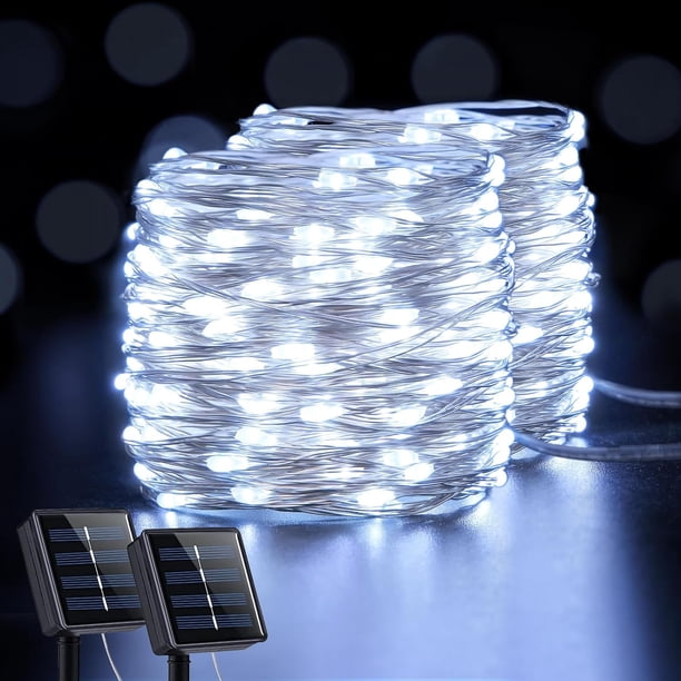 JMEXSUSS 2 unidades en total 400 luces LED solares azules para exteriores, impermeables, luces solares azules de 66 pies con 8 modos, luces solares de Navidad de alambre de cobre para patio, jardín, p