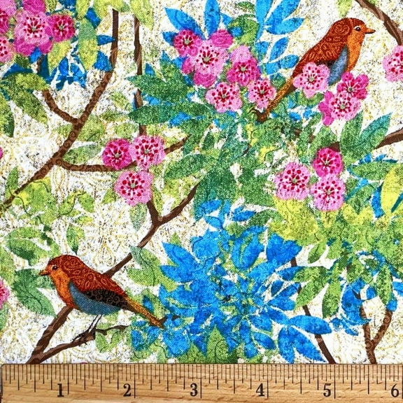 1/2 Yard - Birds with Pink & Blue Floral Trees Cotton Fabric (Great for Quilting, Sewing, Craft Projects, Throw Pillows & More) 1/2 Yard X 44" Wide