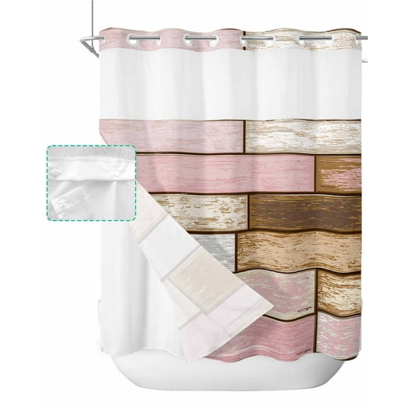 No Hook Shower Curtain with Snap in Liner, Retro Pink and Brown Farmhouse Wooden Board Hotel Shower Curtains for Bathroom, Washable Shower Curtain Liner Set with Mesh Top Window, 72”x78”