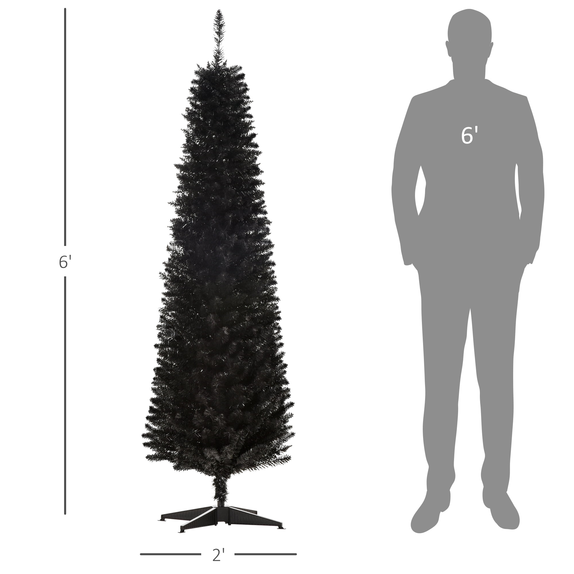 6ft Unlit Black Pencil Christmas Tree 390 Tips Easy Assembly Plastic Base Small Space Holiday Decor