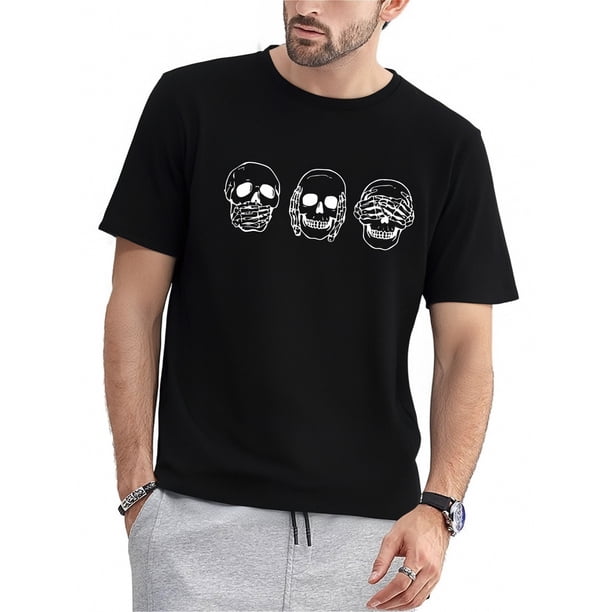 Lifestyle Graphic playera de manga corta estándar para hombreMen's Skull Print Round Neck Short Sleeve T-shirt, Gothic Casual Fashion Graphic Loungewear Pajamas Top For Summer Tee For Adult, Men, W