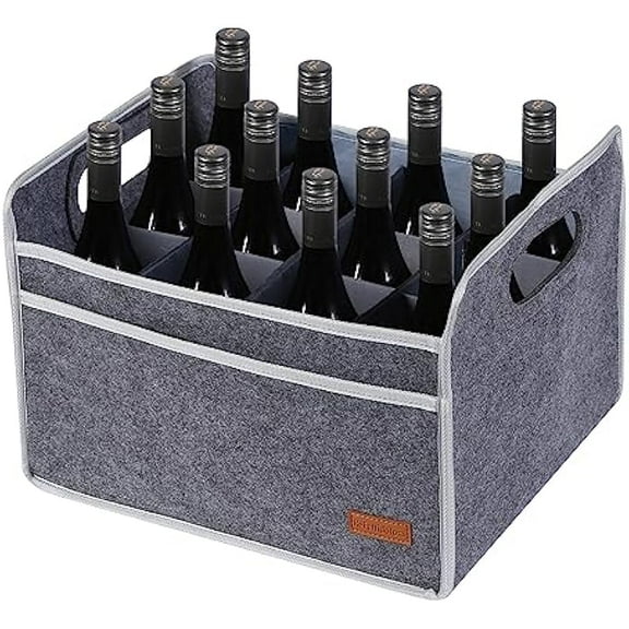 12 Bottle Wine Carrier, Felt Wine Bag, 15 x 12.6 x 10.6 in / 38 x 32 x 27 cm, with Removable Dividers, Side Pockets, Collapsible Wine Bottle Storage Box, Light Gray