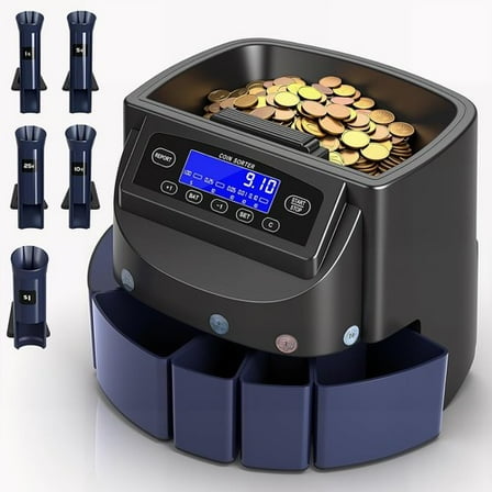 500-Coin Capacity US Coin Sorter Counter with LCD Display & Auto Wrapping