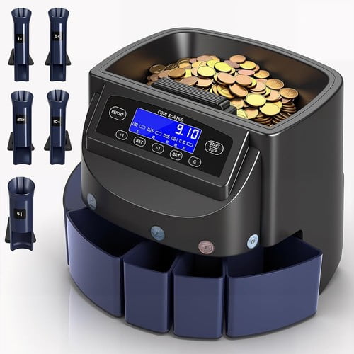 500-Coin Capacity US Coin Sorter Counter with LCD Display & Auto Wrapping