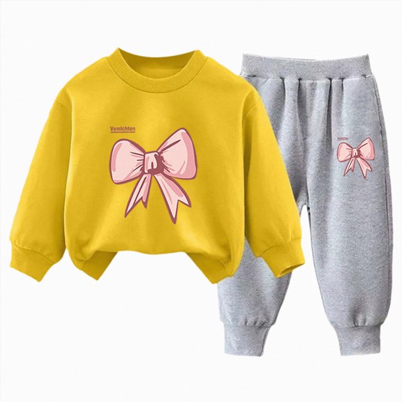 NOLDARES Girls Clothes 2 Piece Outfit Long Sleeve Top   Bow Cargo Pants Girls Fall And Winter Outfits(Z225-Yellow)