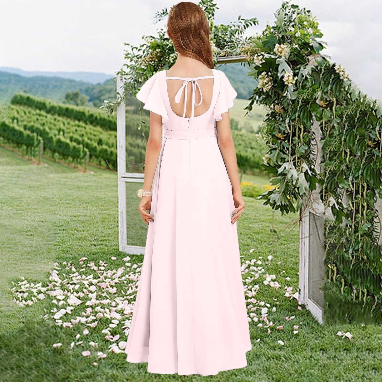 EnJoCho Short Sleeve Flower Girl Dress for Wedding, High Low Hem Rufle Chiffon Bridesmaid Gown Junior Formal Special Occasion Party