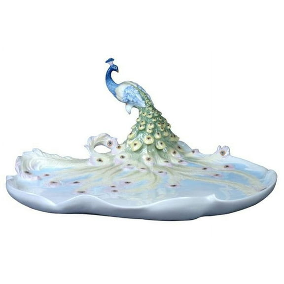 13.5 Glazed Pale Blue Porcelain Peacock Tray with Tail Feather Motif