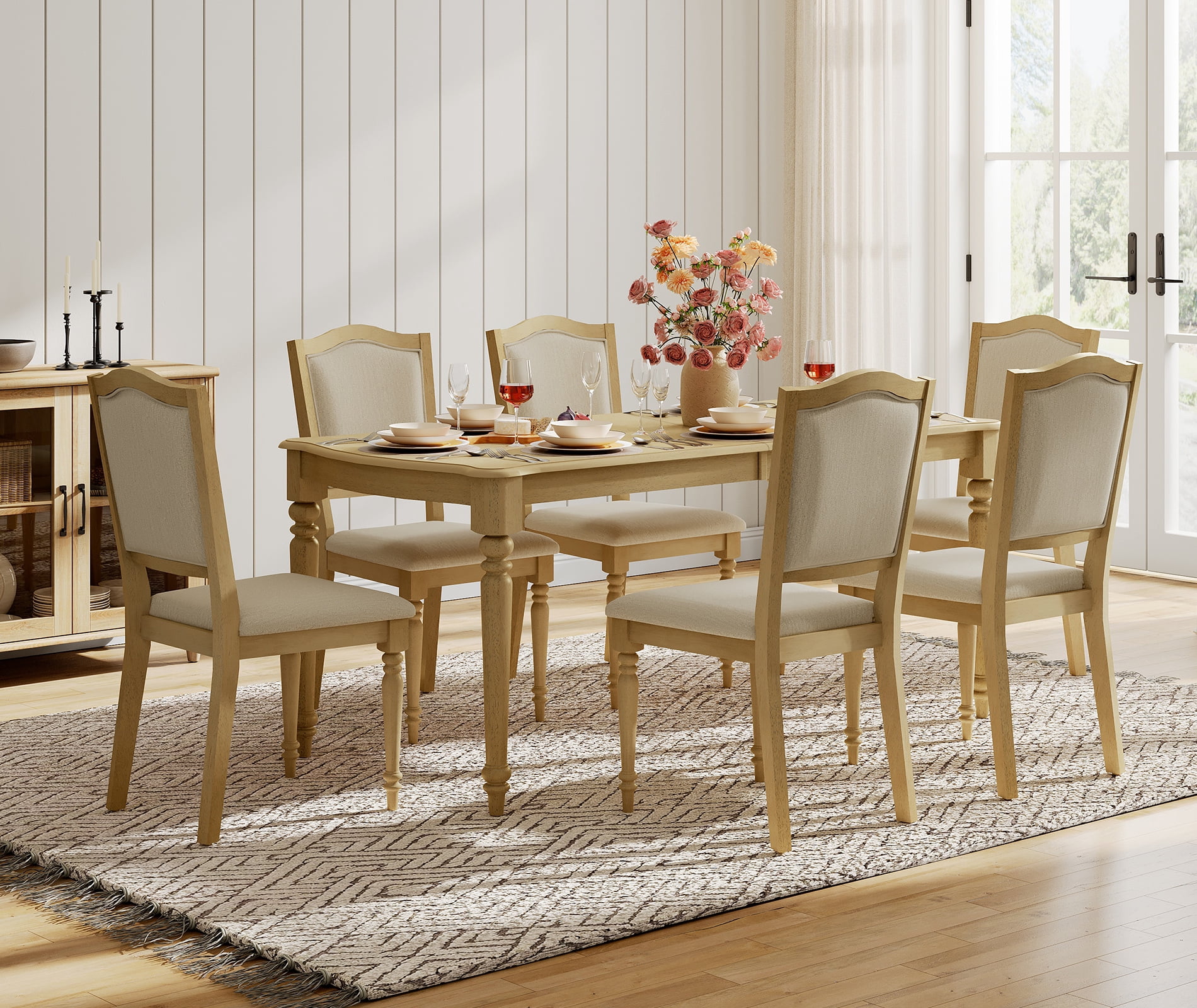 Set of 6 Dining Chairs with Upholstered Back & Seat, Farmhouse Kitchen Chair with Solid Wood Legs for Dining Room, Oak