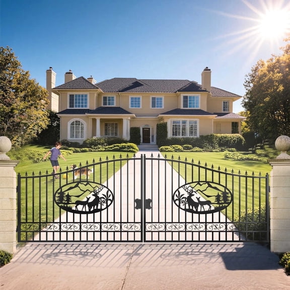 Chery Industrial 20X8Ft Steel Metal Outdoor Dual Swing Driveway Gate for Yard, Backyard Patio -Deer