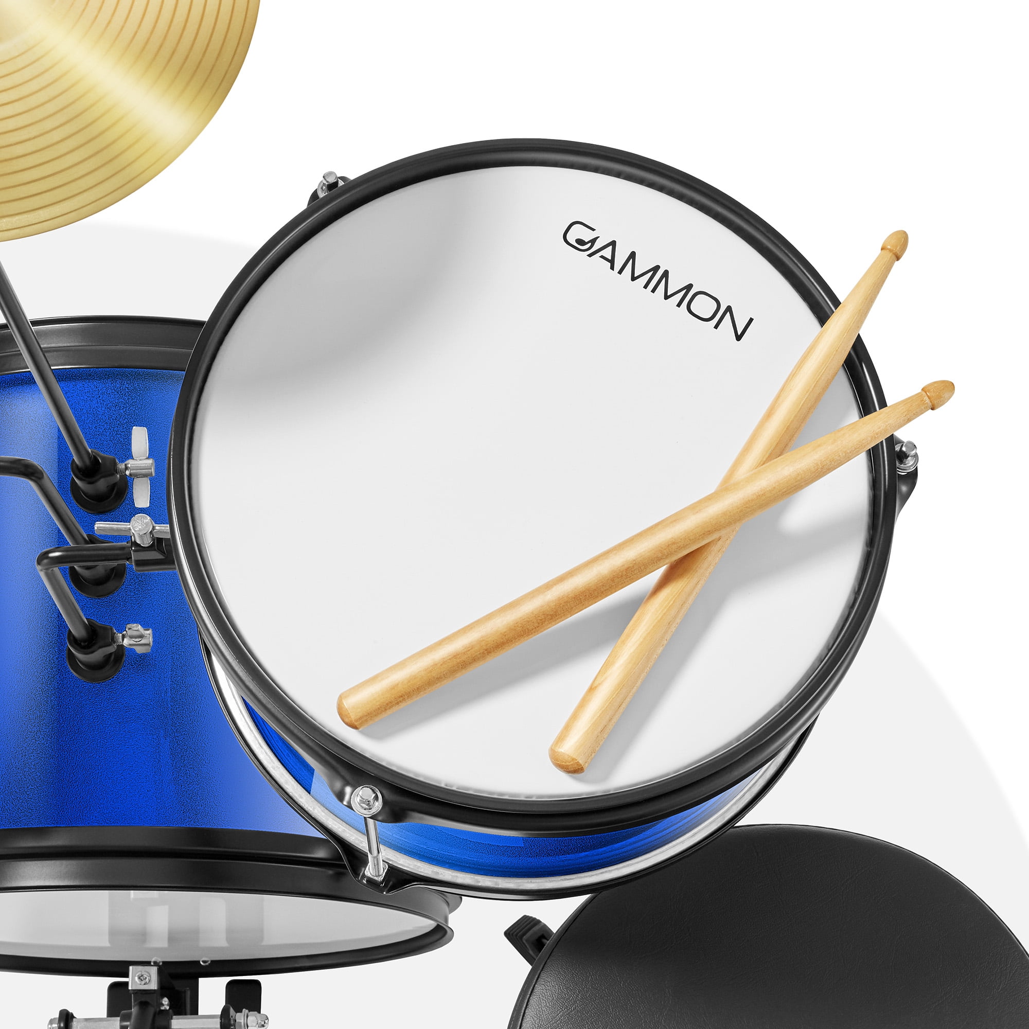 Gammon 3-Piece Junior Drum Set - Blue, Starter Drum Kit with Throne, Cymbal, and Drumsticks
