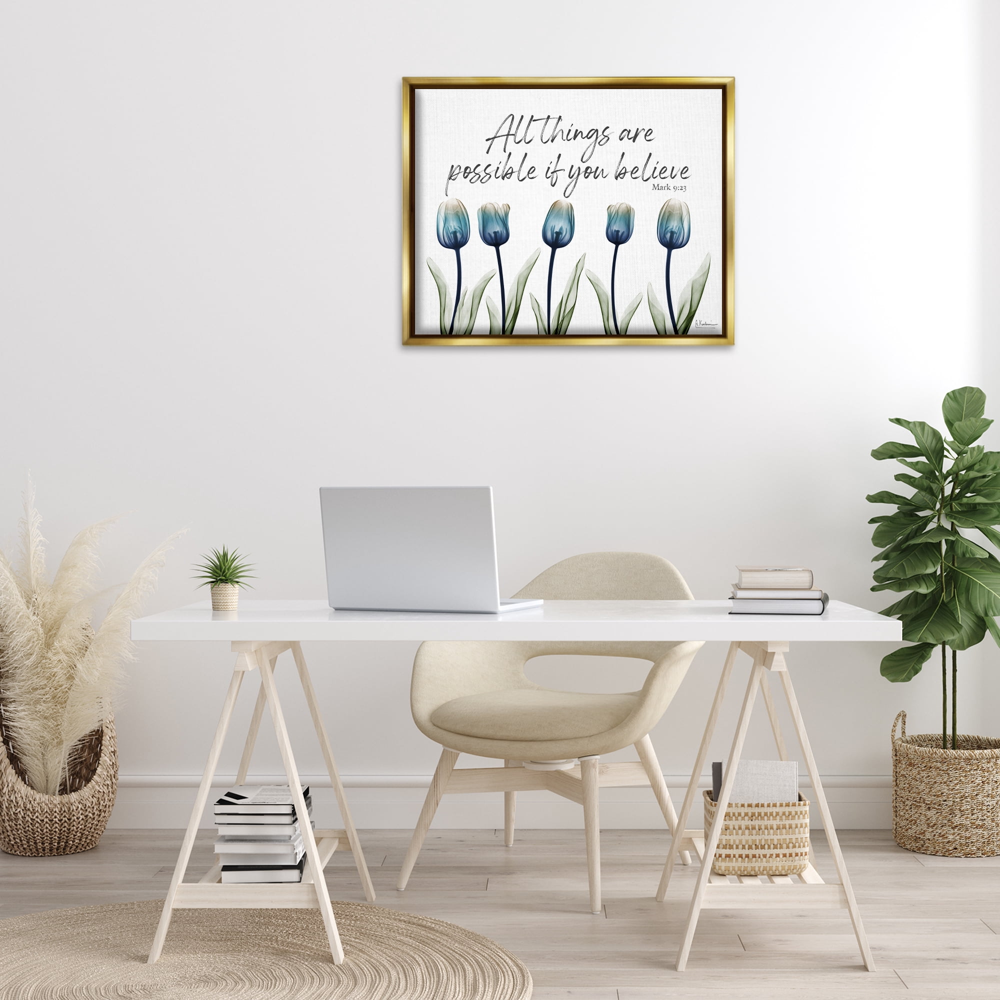 Stupell Industries All Things Possible Tulips Religious Painting Gold Floater Framed Art Print Wall Art, 31 x 25