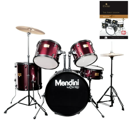 Mendini by Cecilio Complete Full Size 5-Piece Adult Drum Set w/ Cymbals Pedal Throne Sticks, Lesson Book, Metallic Wine Red MDS80-WR