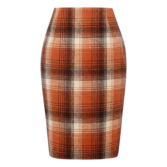Landzoo Pencil Plaid Skirts For Women Fall Winter High Waisted Bodycon Knee Length Wool Midi Skirt With Slit Fashionable Comfortable Casual Women's Skirt