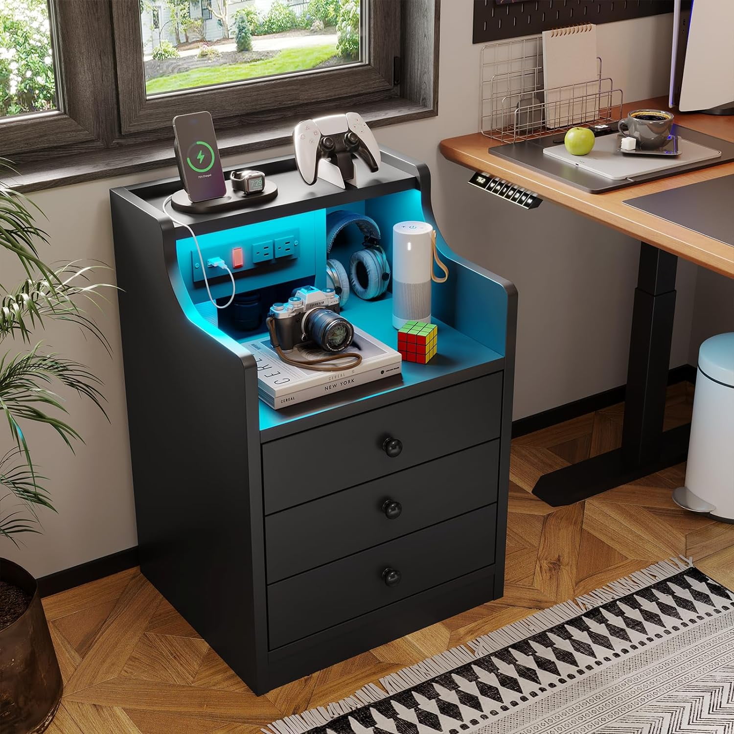 Afuhokles Black Nightstand Set of 2 with LED Light and Charging Station, Modern Bedside Table with Drawers