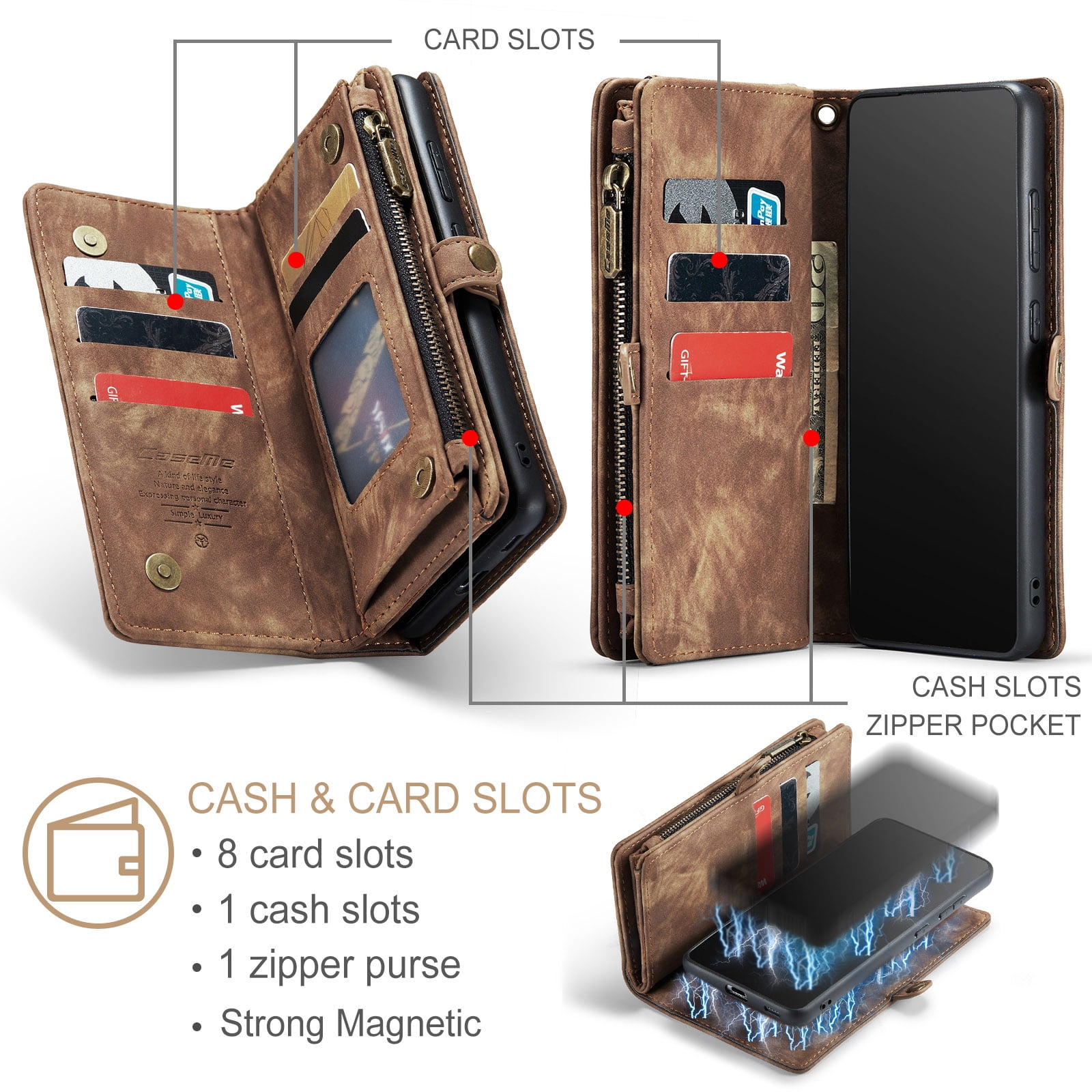 Feishell Durable 2-In-1 Magnetic Detachable Wallet Case for Samsung Galaxy S22,for Women Men,Premium PU Leather Zipper Pocket Flip Multi Card Slots Purse Phone Case with Wrist Strap,Darkbrown