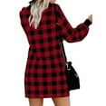 thumbnail image 5 of DYMADE Women Long Sleeve Crew Neck Plaid Elegant Short Dress, 5 of 5