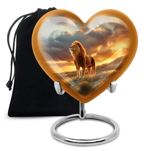 Lion Cremation Urns For Human Ashes Heart Shape - Adult Cremation Urn For Ashes, Heart Urn For Men & Women, Handmade Funeral Urns - 10inch, Large Size with Velvet Bag - 1pcs