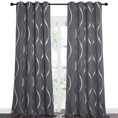 NICETOWN Elegant Gray Wave Line Foil Print Pattern Home Grommet Room Darkening Curtains  52  x 95  (2 Panels)