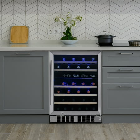 NewAir - 46-Bottle Dual Zone Built-in Wine Fridge with Quiet Operation with Beech Wood Shelves and Recessed Kickplate - Stainless Steel