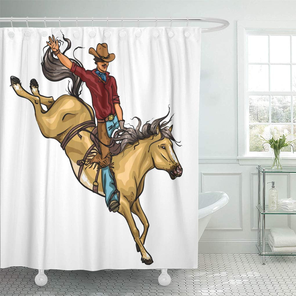 NWT Rodeo Time Fabric Shower Curtain 72x70 Old Western Cowboy Hat Boot Horseshoe 