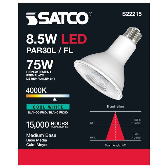 Satco S22215 LED PAR30LN Light Bulb 8.5W 120V 4000K 700L E26 Medium Base Dimmable WET Location (6 Pack)