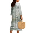 thumbnail image 2 of COEQINE Boho Chic Dress for Women 3/4 Sleeve Wrap V-Neck Flowy Midi Tunic Sundress, Loose Casual Beach Church Dress, Wrinkle Resistant, Size L, Crane Bird Forest, 2 of 6