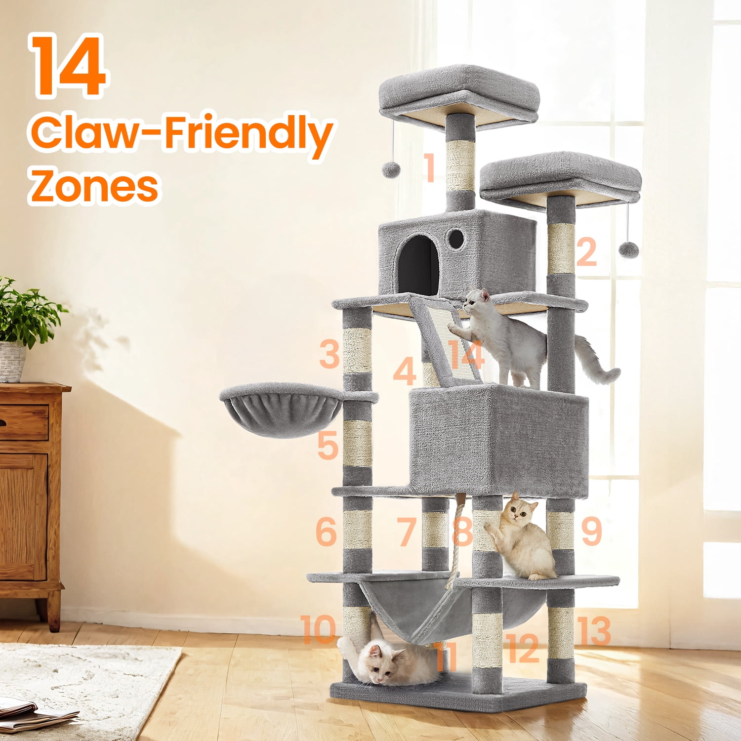 LEDREM 66.1-Inch Multi-Level Cat Tree with 2 Perches, 2 Caves, Hammock & 13 Scratching Posts – Plush Climbing Tower for Indoor Cats, Light Gray