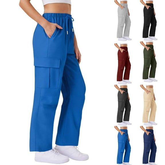 Women's Wide-leg Pants Pockets Drawstring Running Plus Size Sweatpants for Women Workout Jogging for Golf, Athletic,Travel, Work Blue S