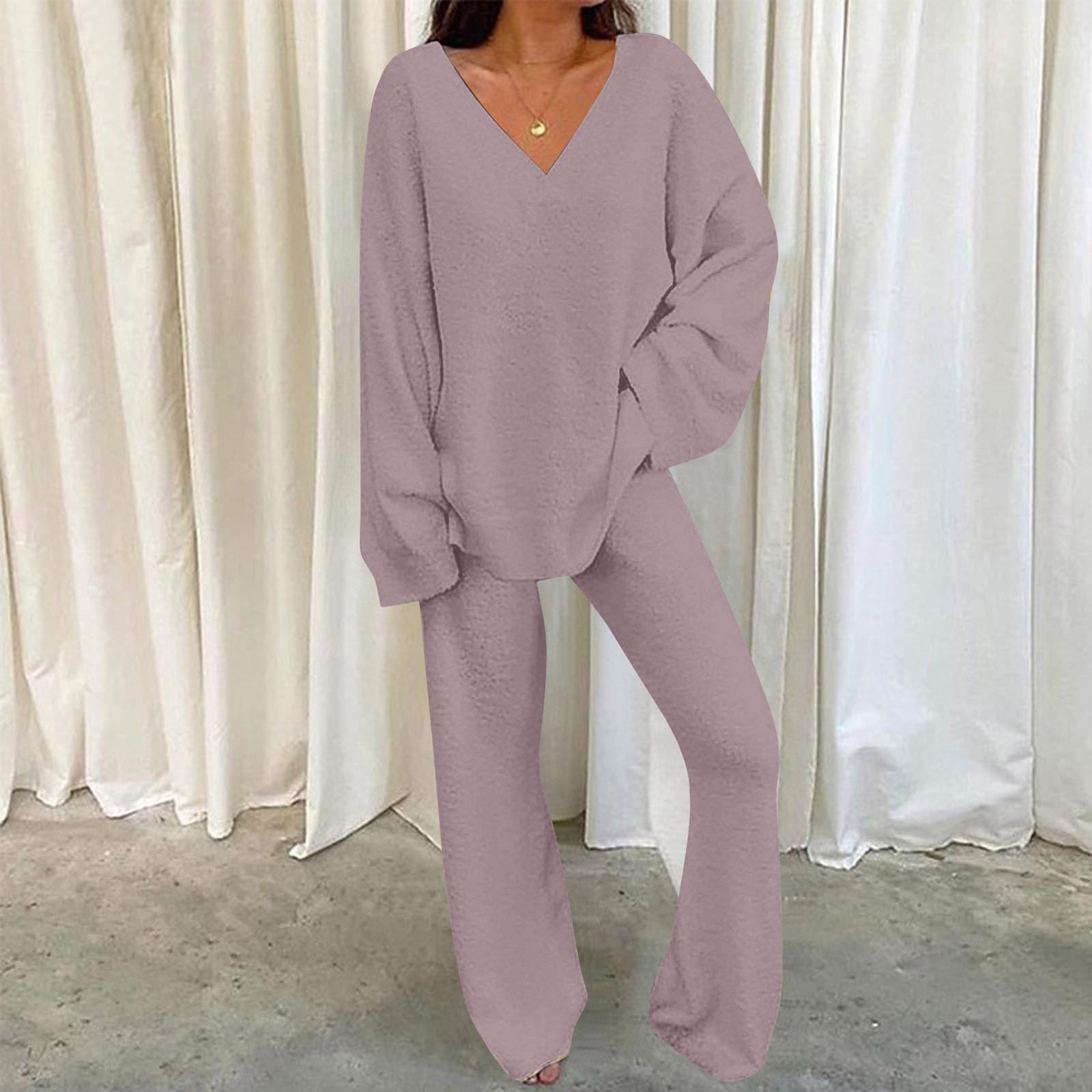 BLVB Women's Pajamas Sets Warm Winter Plush Soft V Neck Long Sleeve ...